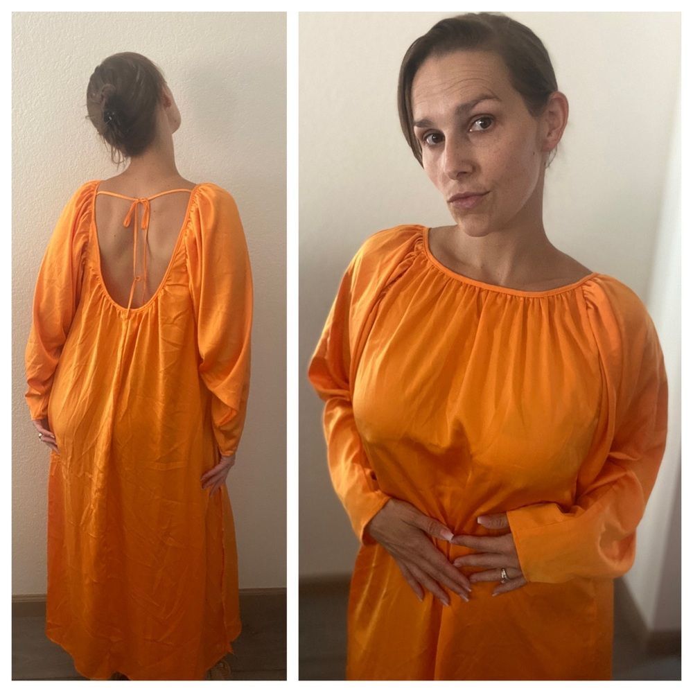 H&M Maxi Dress Bright Orange Boho Double Slit Tie Back Voluminous